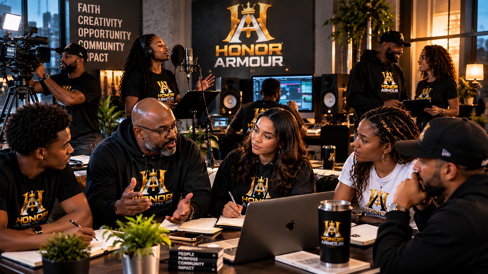 Honor Armour community members collaborating in a creative media and business environment.